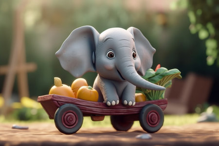 A cute little elephant is enjoying the harvest season in the garden, with a wheelbarrow full of fresh vegetables.の素材