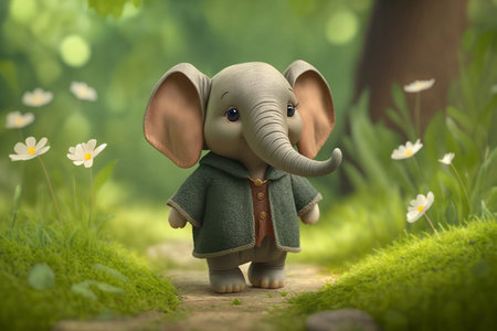 Take a walk through nature with this cute little elephant in a green forest.の素材