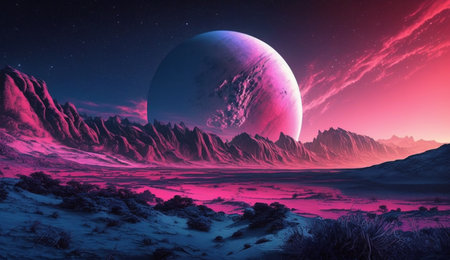 Discover a world beyond imagination - a pink alien planet with a huge moon in the distance. What secrets lie on this mysterious worldの素材