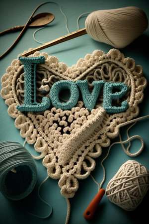 A handmade crochet heart with the word 'love' written on it, surrounded by crochet accessoriesの素材