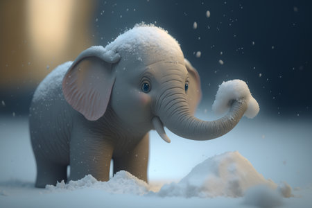 This adorable little elephant is enjoying the winter wonderland, playing and frolicking in the snow.の素材