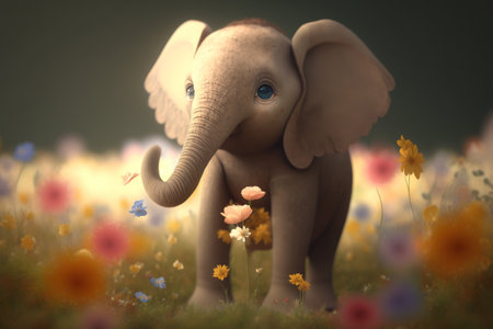 Adorable little elephant frolicking in a spring flower fieldの素材