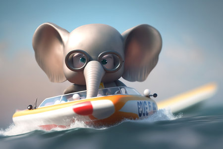 Cute little elephant having fun riding a motorboat with protective eyewear onの素材