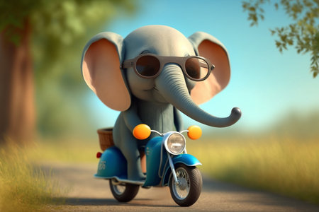 Adorable little elephant rides a moped through the woodsの素材