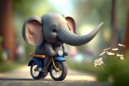 Adorable little elephant rides a moped through the woodsの素材