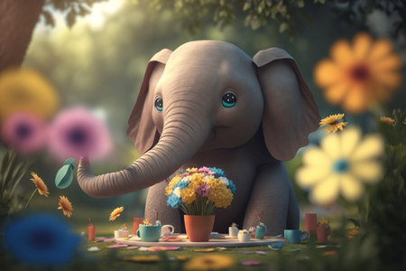 An adorable elephant is having a delightful picnic on a beautiful flower-filled meadowの素材