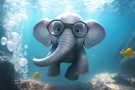 A cute little elephant explores underwater with a snorkel mask on, enjoying the beauty of the oceanの素材