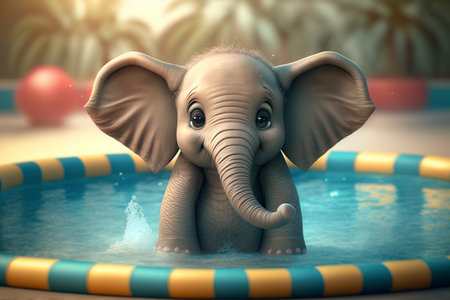 Cooling off on a hot summer day - this cute little elephant is enjoying a dip in the poolの素材