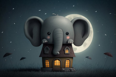 A cute little elephant sits on a small toy haunted house on a late autumn Halloween night with a full moon in the backgroundの素材