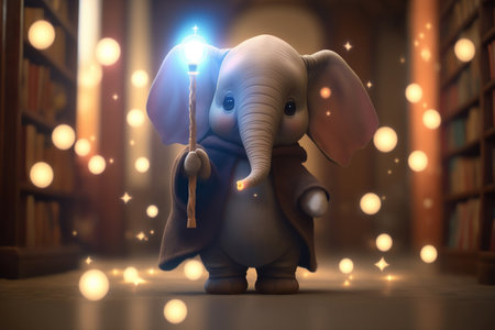 A magical moment as the adorable little elephant takes on the role of a magician with a glowing wand and a cape.の素材