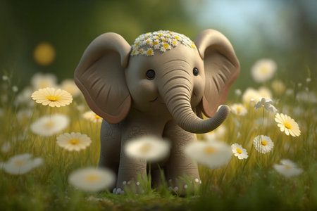 Adorable little elephant frolicking in a spring flower fieldの素材