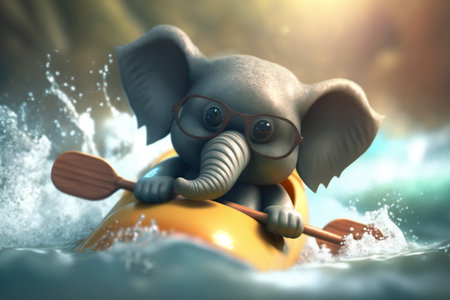 Join the adventure with this little elephant as he navigates the rapids and waves of a river in his trusty kayakの素材
