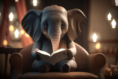 This cozy elephant knows how to enjoy a good book by the fireplace in a comfortable armchair.の素材