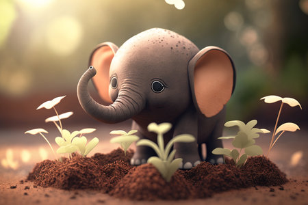 Cute little elephant gardener surrounded by a beautiful garden full of blooming flowersの素材