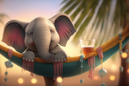This picture shows a cute elephant relaxing in a hammock under palm trees while on vacationの素材