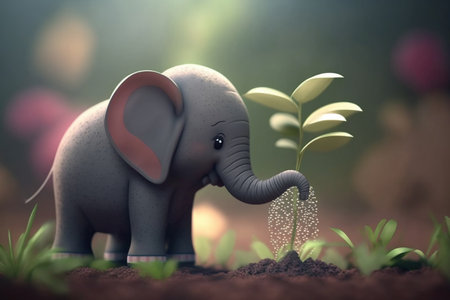 This adorable little elephant is using his trunk to water the plants like a pro gardener!の素材