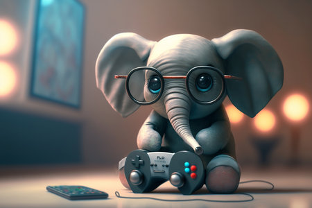 Cute little elephant with glasses enjoying gaming time with a gamepadの素材