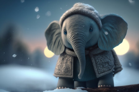 A cute little elephant bundled up in winter gear plays in the snow.の素材