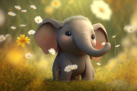 Adorable little elephant frolicking in a spring flower fieldの素材