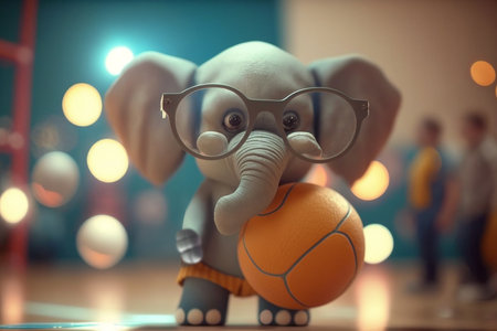 A funny elephant takes on the game of basketball, dribbling the ball with his trunk and shooting baskets with a big smile on his face.の素材