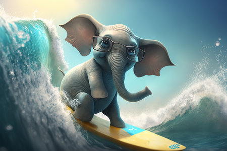 A hilarious little elephant surfing on a board in the sea, catching waves and enjoying the sun and waves.の素材