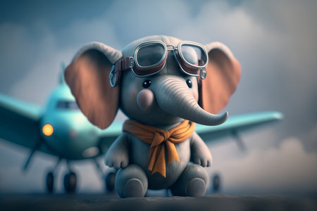 An adorable little elephant takes to the skies as a pilot in a plane, soaring above the clouds with a big smile on his face.の素材