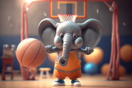 A funny elephant takes on the game of basketball, dribbling the ball with his trunk and shooting baskets with a big smile on his face.の素材