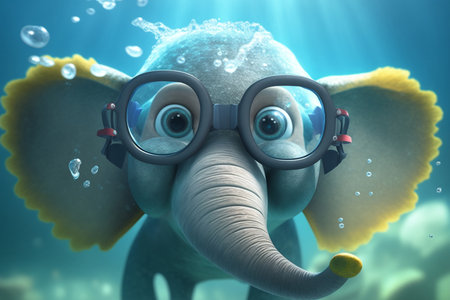 A cute little elephant explores underwater with a snorkel mask on, enjoying the beauty of the oceanの素材