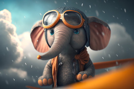 An adorable little elephant takes to the skies as a pilot in a plane, soaring above the clouds with a big smile on his face.の素材