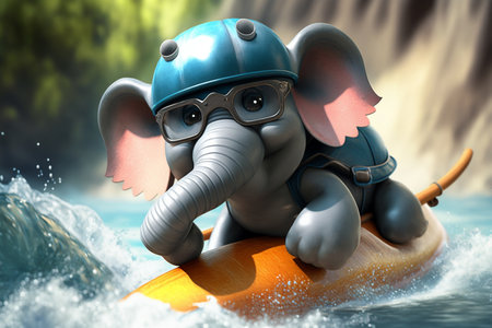 Join the adventure with this little elephant as he navigates the rapids and waves of a river in his trusty kayakの素材