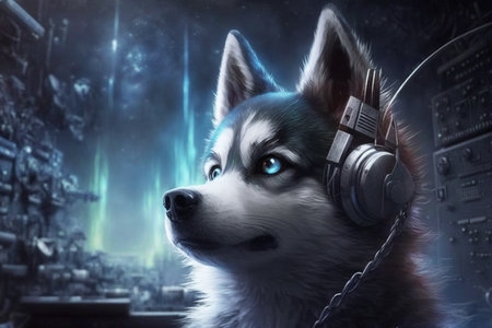 This Husky is a true gamer! He is all set up with his headset, ready to tackle the challenges of virtual worldsの素材