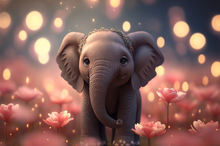 A delightful scene of a little elephant enjoying a stroll in a field filled with beautiful, blooming roses.の素材