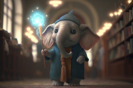 A cute little elephant dressed as a magician with a glowing wand, wizard hat, and cape, ready to cast some spellsの素材