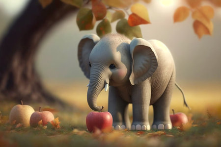 A cute little elephant enjoying a fresh apple under a beautiful apple tree.の素材