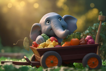 A cute little elephant is enjoying the harvest season in the garden, with a wheelbarrow full of fresh vegetables.の素材