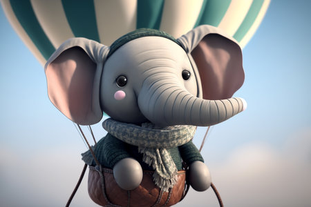 Join this hilarious elephant on a thrilling adventure up in the sky in a hot air balloon rideの素材