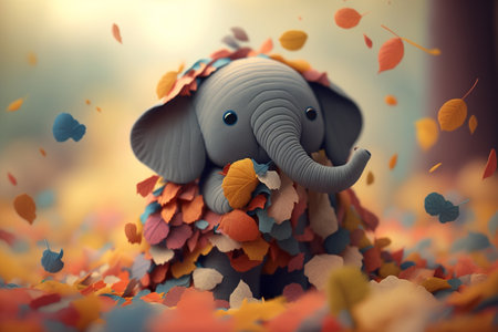 A cute little elephant is hiding in a pile of autumn leaves, enjoying the beautiful fall sceneryの素材