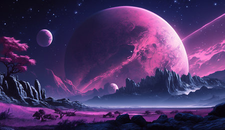 Discover a world beyond imagination - a pink alien planet with a huge moon in the distance. What secrets lie on this mysterious worldの素材