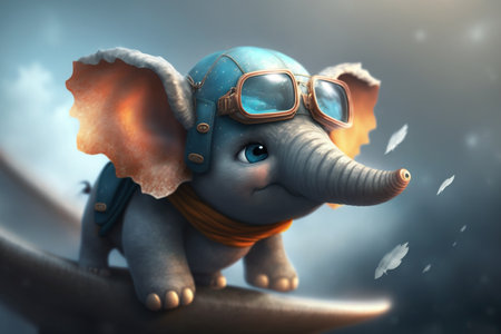 An adorable little elephant takes to the skies as a pilot in a plane, soaring above the clouds with a big smile on his face.の素材