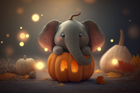 A little elephant is sitting inside a carved pumpkin for Halloween, wearing a cute pumpkin costumeの素材