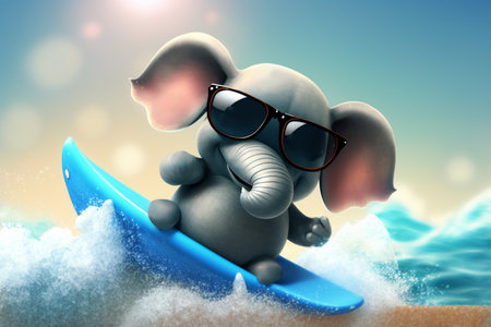 A hilarious little elephant surfing on a board in the sea, catching waves and enjoying the sun and waves.の素材
