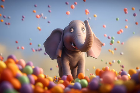 This funny elephant is having a blast with a bunch of colorful balloonsの素材