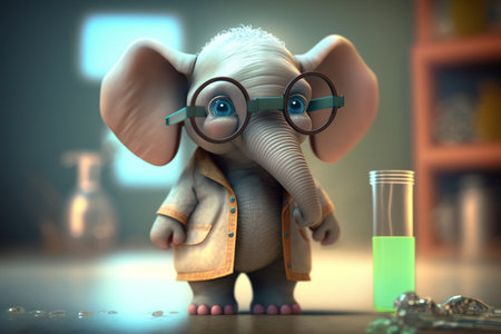 A cute little elephant, wearing glasses and a lab coat, working in a laboratory, experimenting with a test tubeの素材