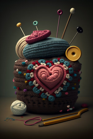 Handmade crochet heart and tools on a rustic wooden surfaceの素材