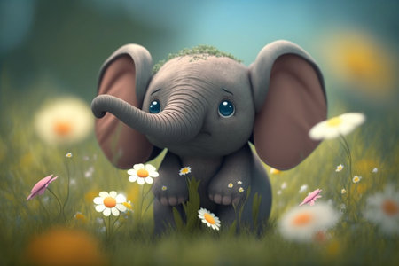 Adorable little elephant frolicking in a spring flower fieldの素材
