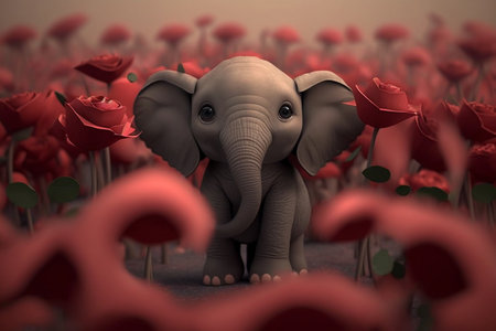 A delightful scene of a little elephant enjoying a stroll in a field filled with beautiful, blooming roses.の素材