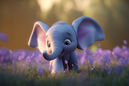 A sweet little elephant surrounded by a sea of lavender blooms.の素材