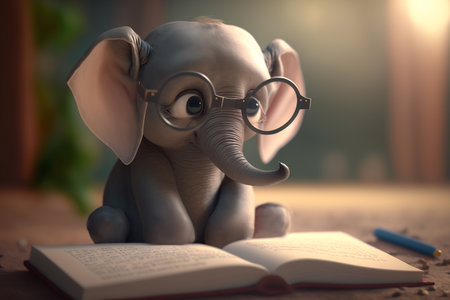 A cute little elephant wearing glasses is sitting down and reading a book, looking very focused and engaged in the story.の素材