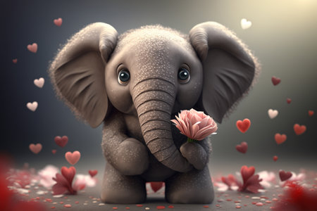 This cute little elephant is ready to spread some love this Valentine's Day with a bouquet of beautiful flowers.の素材