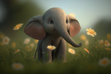 Adorable little elephant frolicking in a spring flower fieldの素材